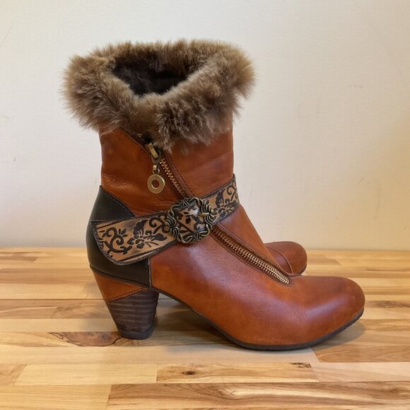 Gorgeous Finesse Fur-collar Leather Ankle Boots Size 37 cognac maroon brown heel - Picture 3 of 15